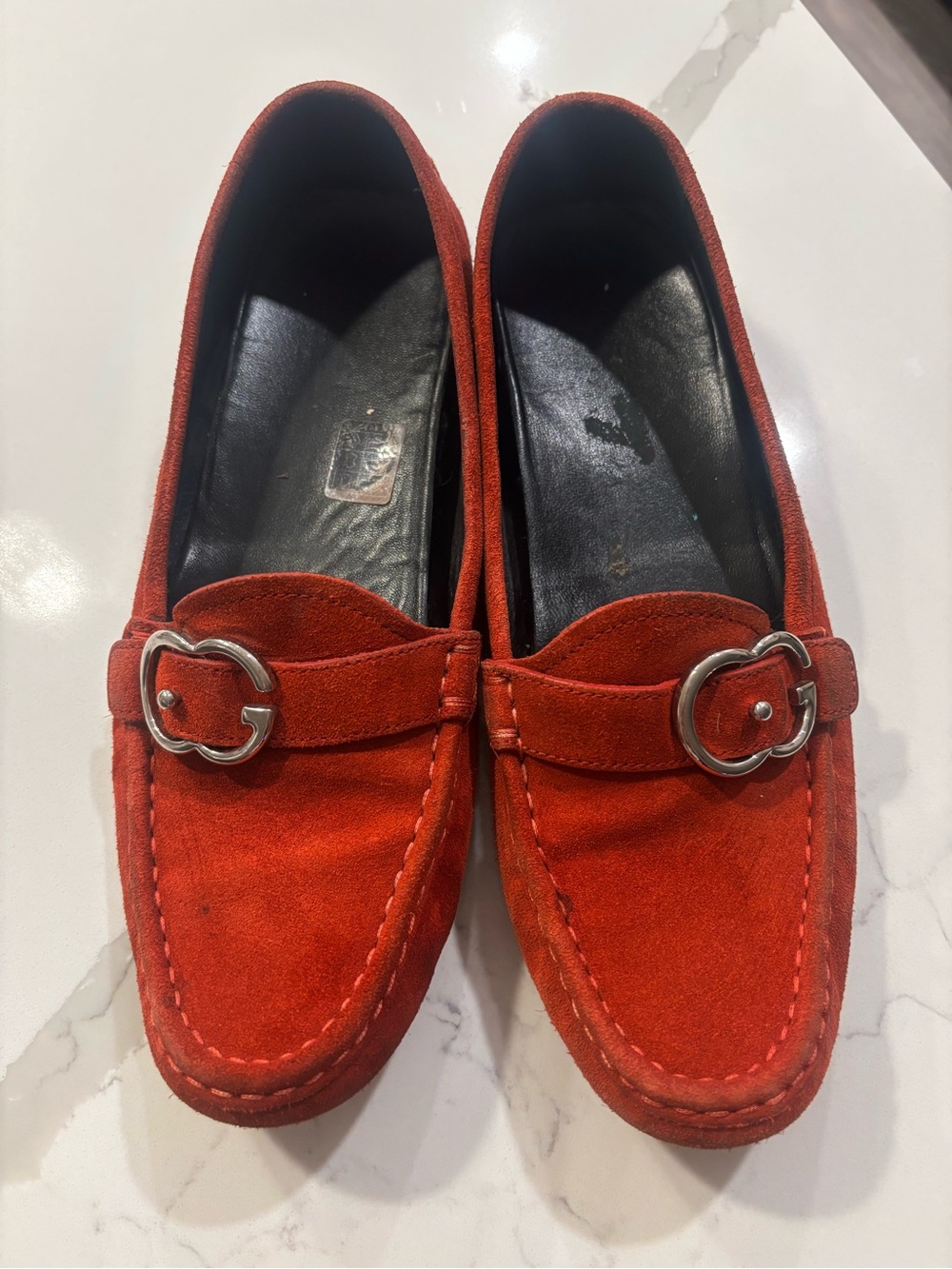 Gucci Authentic Red Suede Women's Loafers with Silver Buckle